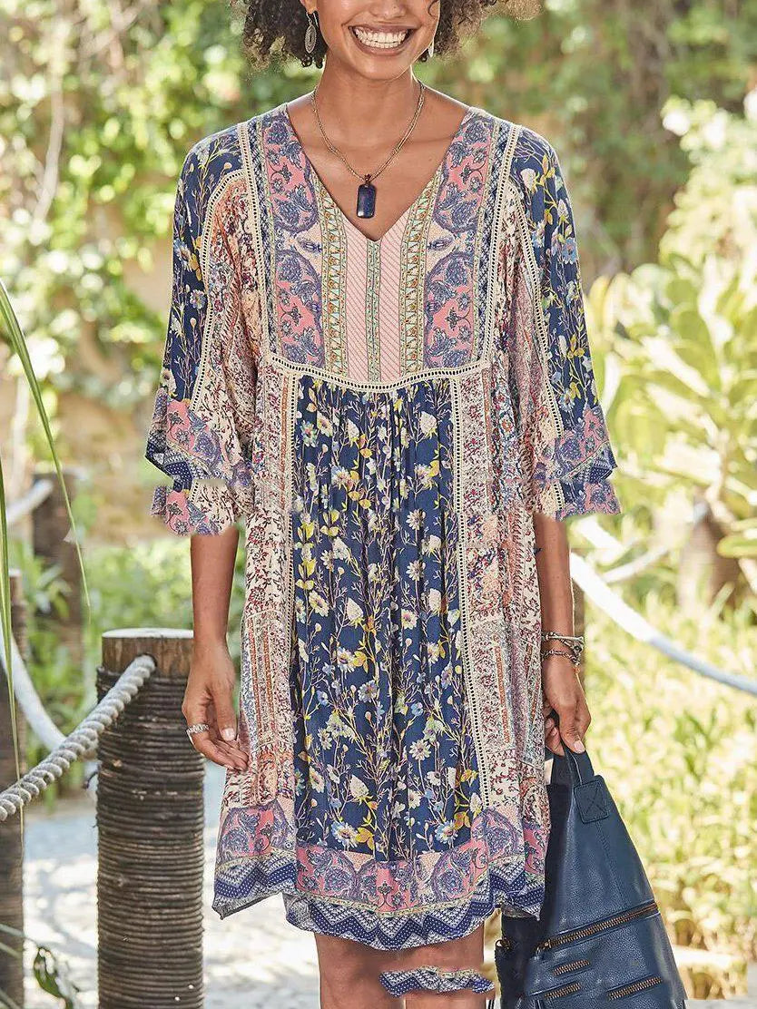 【S-3XL】Rochie cu gât în V cu mânecă de epocă imprimată