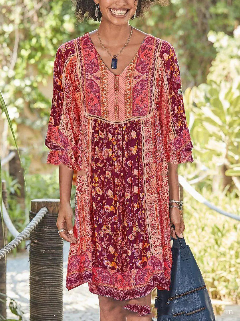 【S-3XL】Rochie cu gât în V cu mânecă de epocă imprimată
