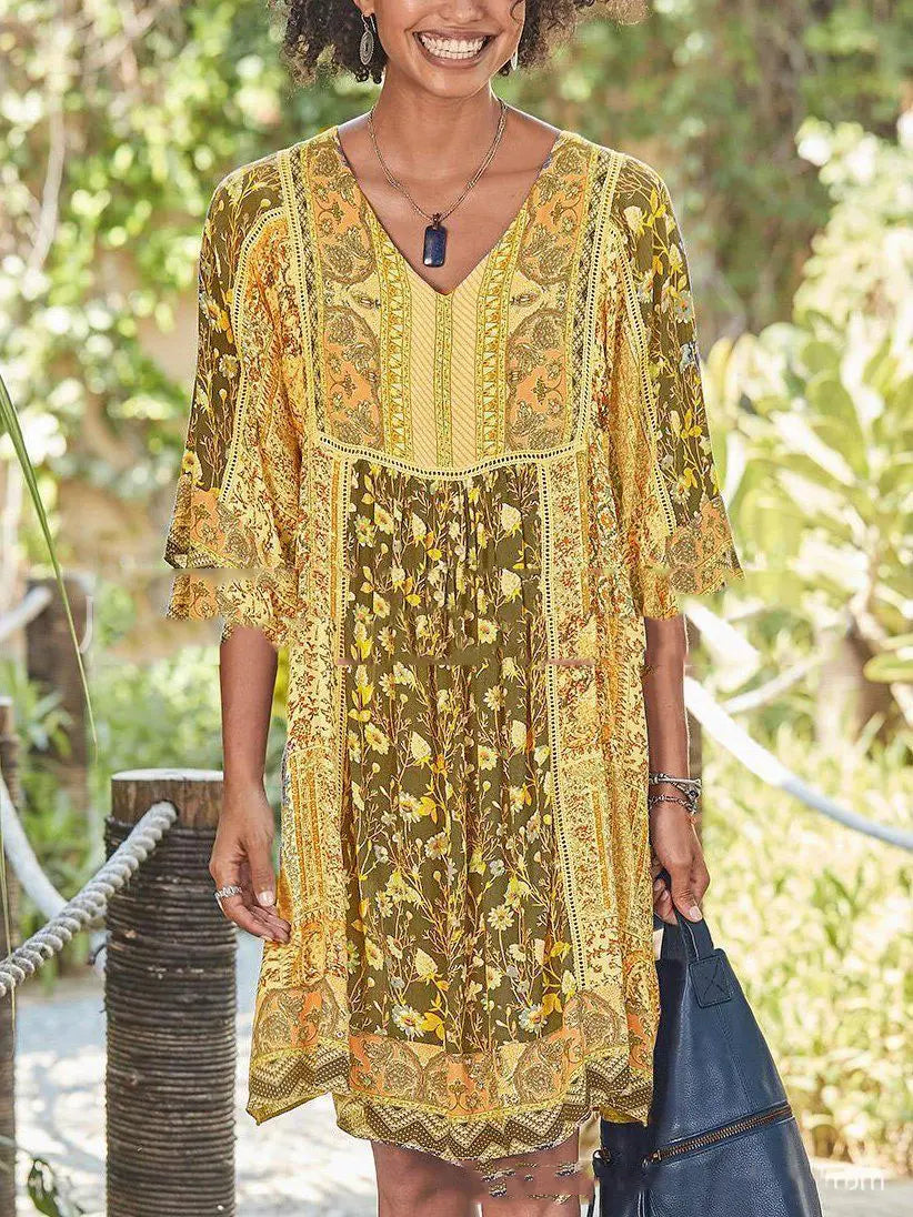 【S-3XL】Rochie cu gât în V cu mânecă de epocă imprimată