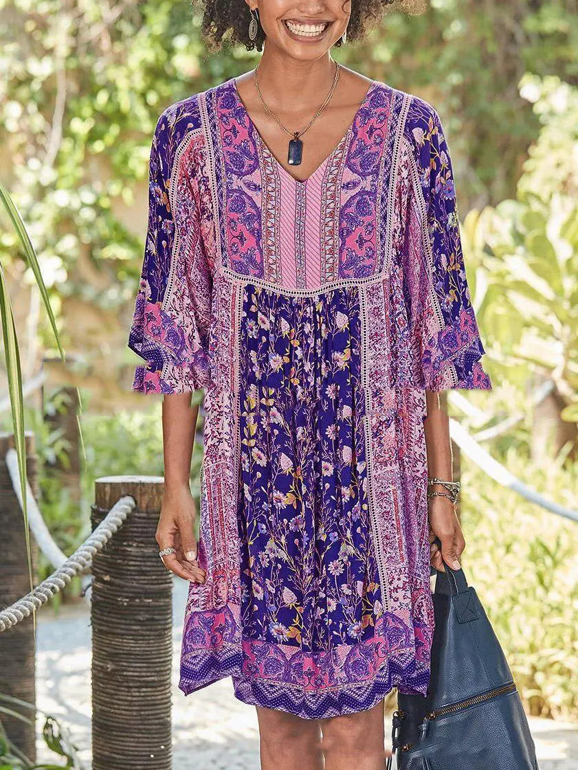 【S-3XL】Rochie cu gât în V cu mânecă de epocă imprimată