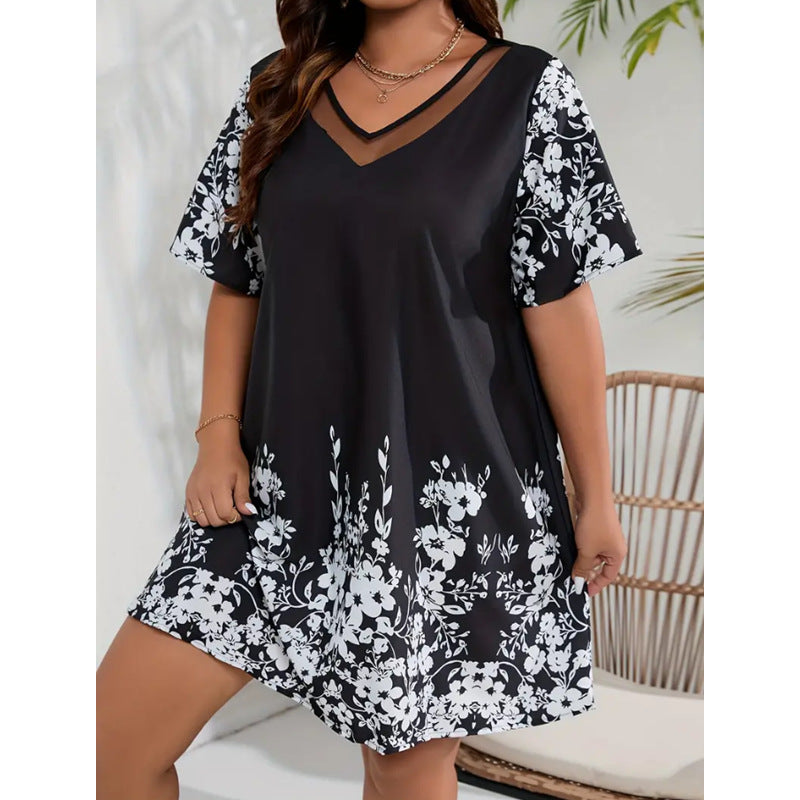 【XL-6XL】🌸2024 Nouă rochie cu mânecă scurtă din plasă imprimată pentru femei de mărime mare