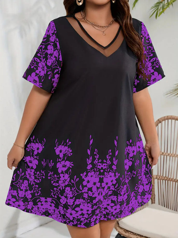 【XL-6XL】🌸2024 Nouă rochie cu mânecă scurtă din plasă imprimată pentru femei de mărime mare