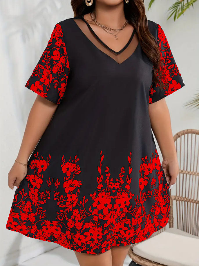 【XL-6XL】🌸2024 Nouă rochie cu mânecă scurtă din plasă imprimată pentru femei de mărime mare
