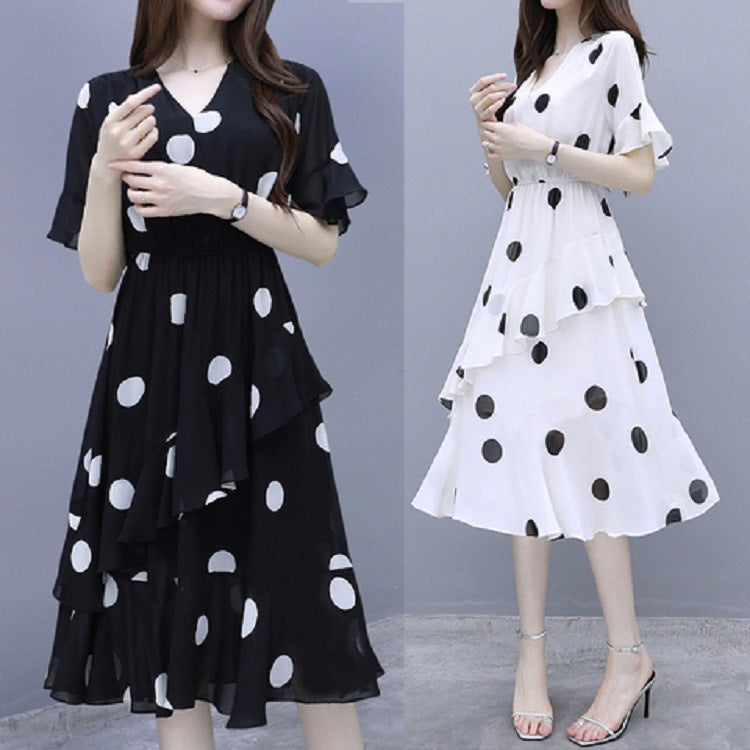 【M- 3XL】Rochie midi cu mâneci scurte, cu buline, cu decolteu în V