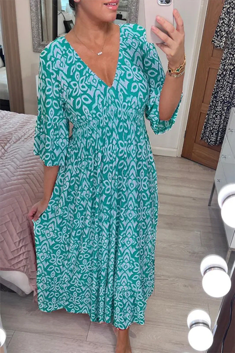 【S-5XL】Rochie boemă de primăvară și vară cu mâneci mijlocii, decolteu în V, talie