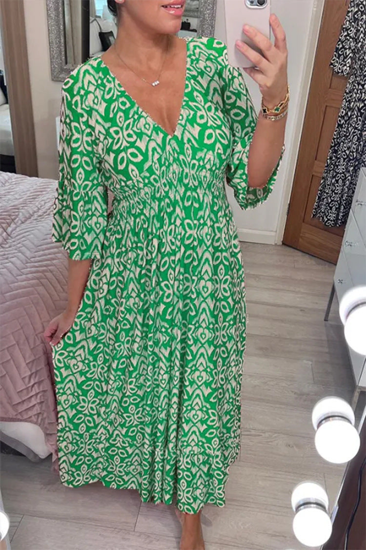 【S-5XL】Rochie boemă de primăvară și vară cu mâneci mijlocii, decolteu în V, talie