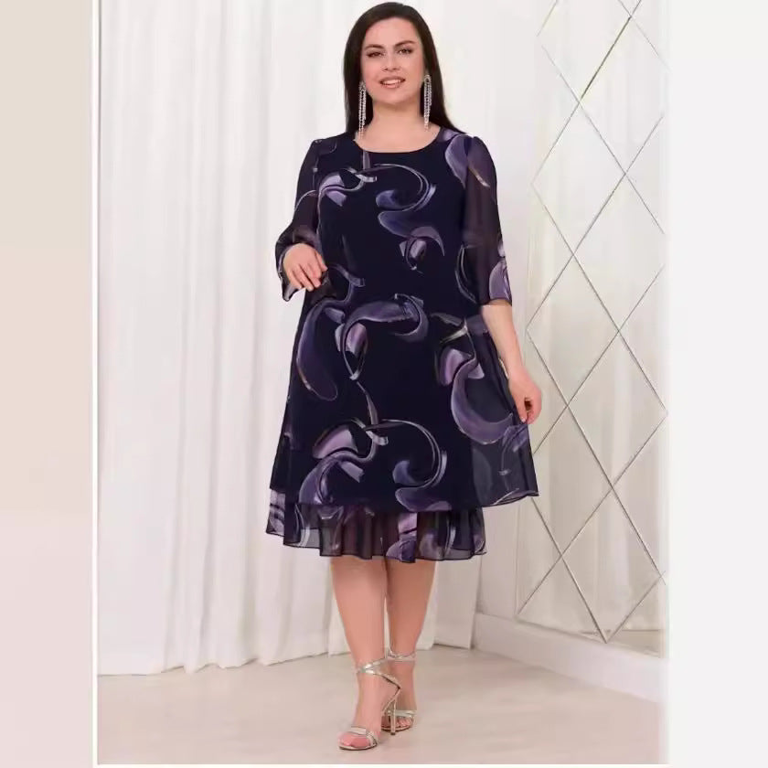 💕【S-5XL】👗Rochie elegantă cu imprimeu din plasă, cu mâneci cu volan