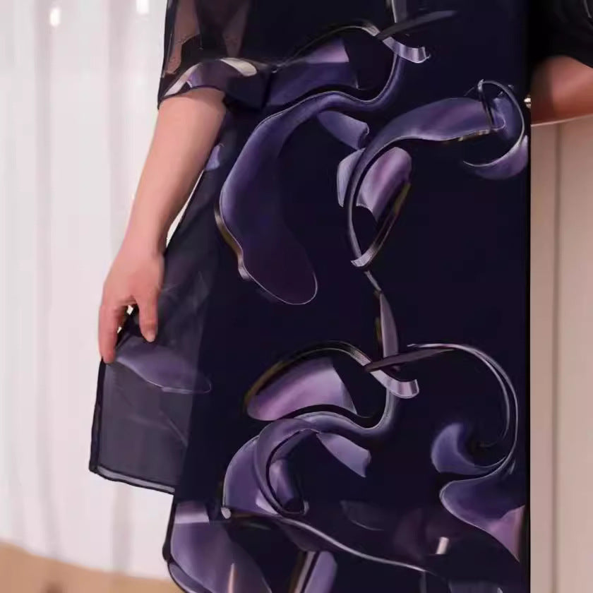 💕【S-5XL】👗Rochie elegantă cu imprimeu din plasă, cu mâneci cu volan