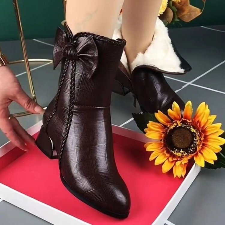 Ofertă limitată【💥70% reducere】 Cizme scurte de damă din piele moale de toamnă și iarnă, cizme Martin, versatile cu toc mijlociu plus cizme de catifea