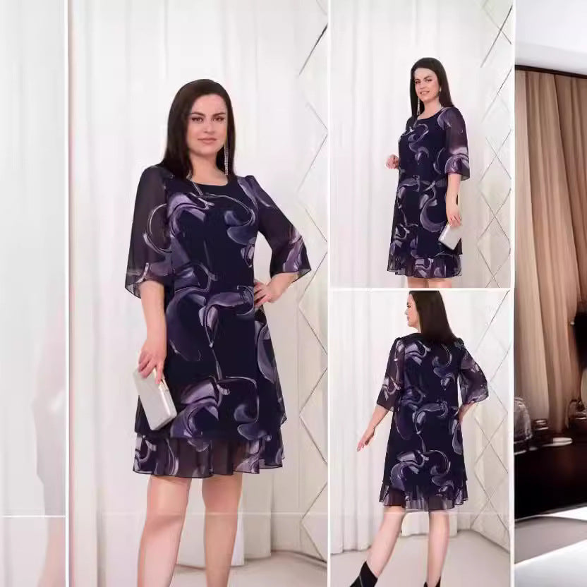 💕【S-5XL】👗Rochie elegantă cu imprimeu din plasă, cu mâneci cu volan