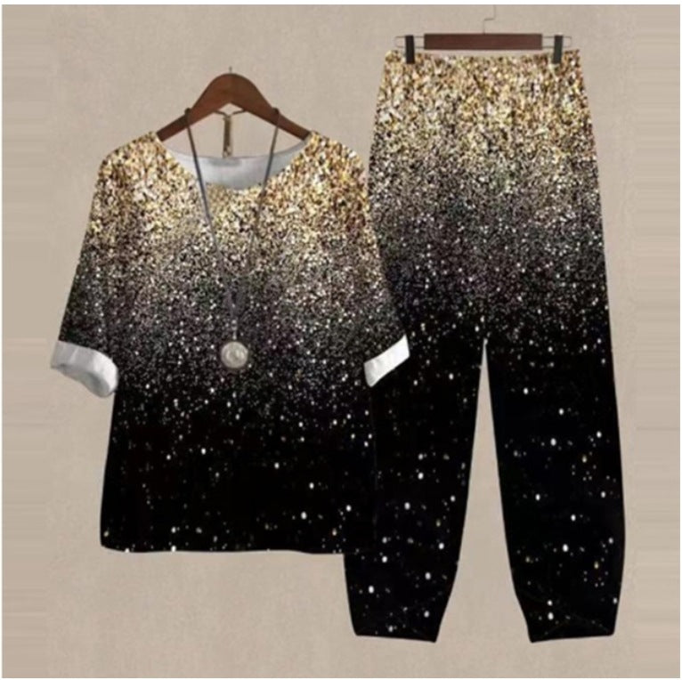 【M-5XL】Costum din două piese cu topuri și pantaloni imprimate de primăvară