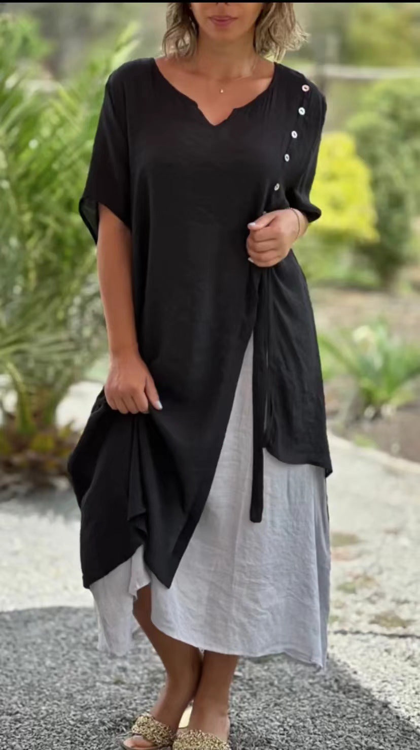 💗【S-4XL】Rochie elegantă cu decolteu în V din bumbac cu două piese neregulate