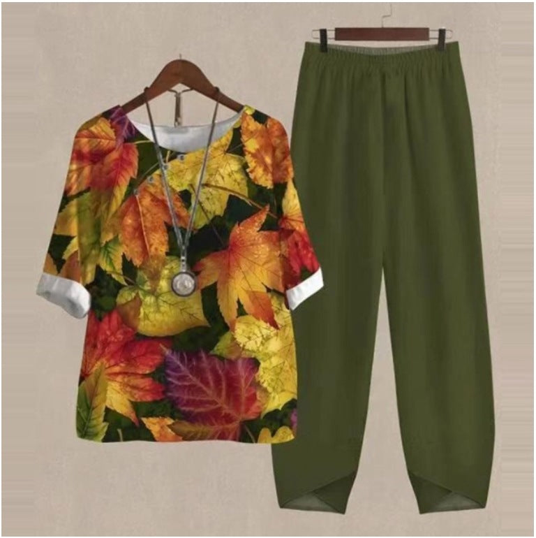 【M-5XL】Costum din două piese cu topuri și pantaloni imprimate de primăvară