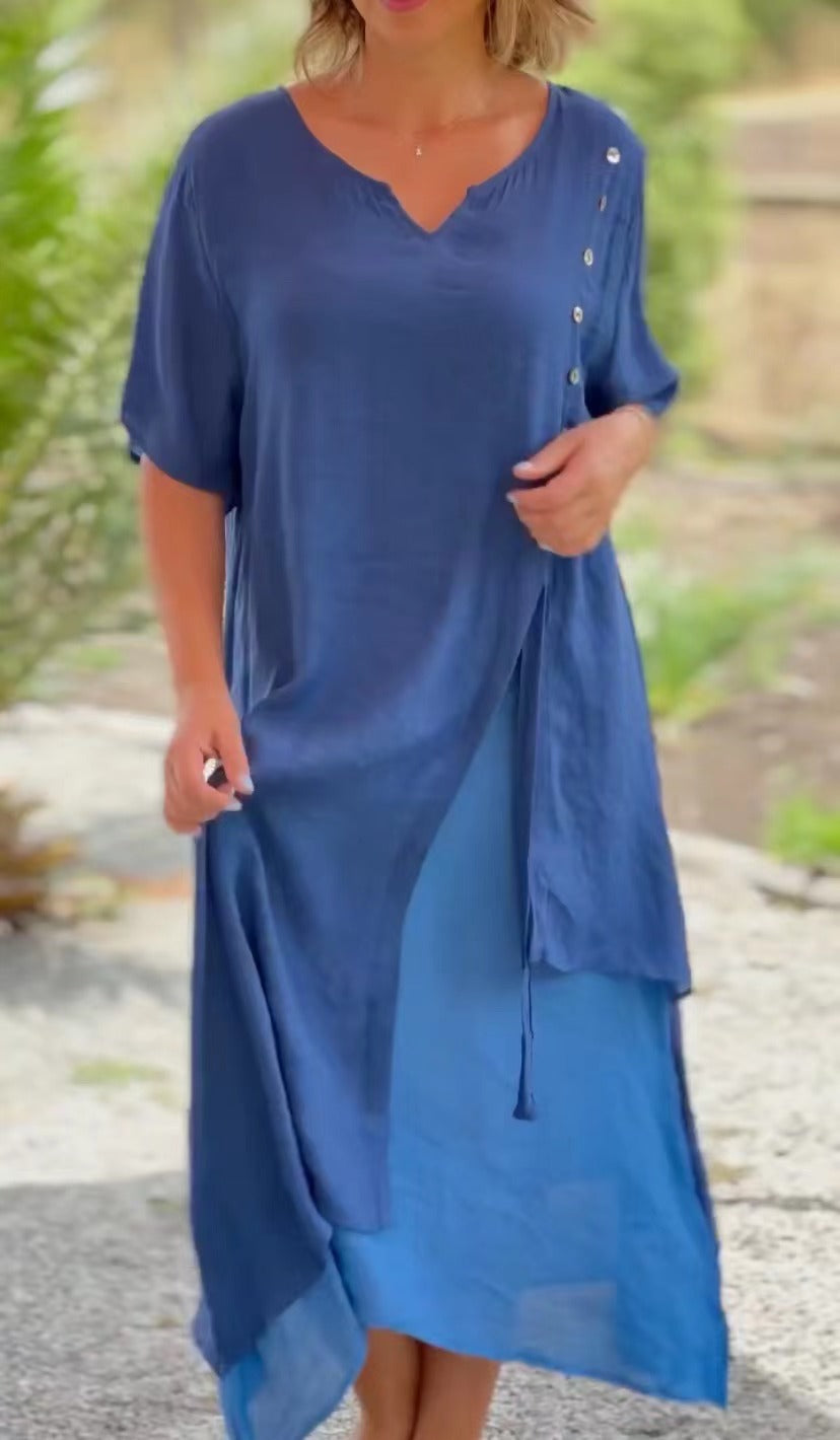 💗【S-4XL】Rochie elegantă cu decolteu în V din bumbac cu două piese neregulate