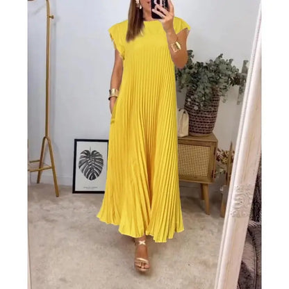 【S - 3XL】Femeile plisate rochie simplă de culoare solidă