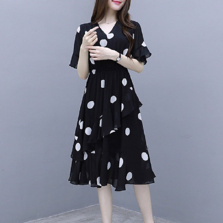 【M- 3XL】Rochie midi cu mâneci scurte, cu buline, cu decolteu în V