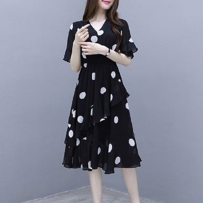 【M- 3XL】Rochie midi cu mâneci scurte, cu buline, cu decolteu în V