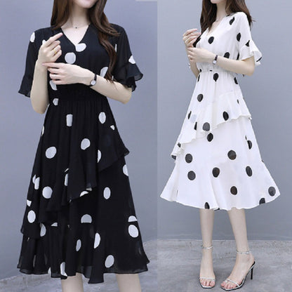 【M- 3XL】Rochie midi cu mâneci scurte, cu buline, cu decolteu în V