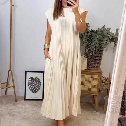 【S - 3XL】Femeile plisate rochie simplă de culoare solidă