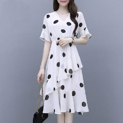 【M- 3XL】Rochie midi cu mâneci scurte, cu buline, cu decolteu în V