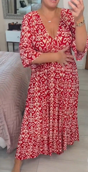 【S-5XL】Rochie boemă de primăvară și vară cu mâneci mijlocii, decolteu în V, talie