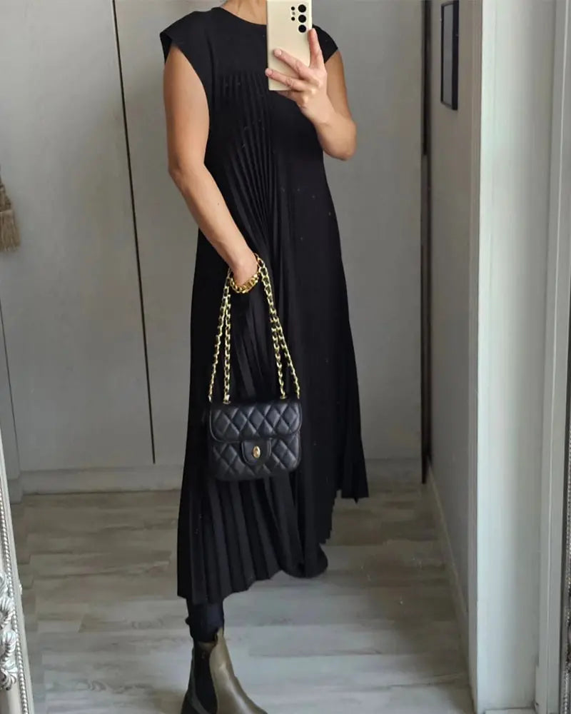 【S - 3XL】Femeile plisate rochie simplă de culoare solidă