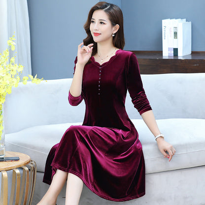 【XL-5XL】👗2023 nouă rochie cu mâneci lungi, de catifea aurie, pentru reducerea vârstei, slăbire și temperament🌈