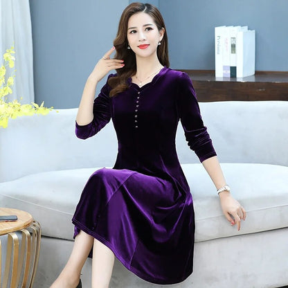 【XL-5XL】👗2023 nouă rochie cu mâneci lungi, de catifea aurie, pentru reducerea vârstei, slăbire și temperament🌈